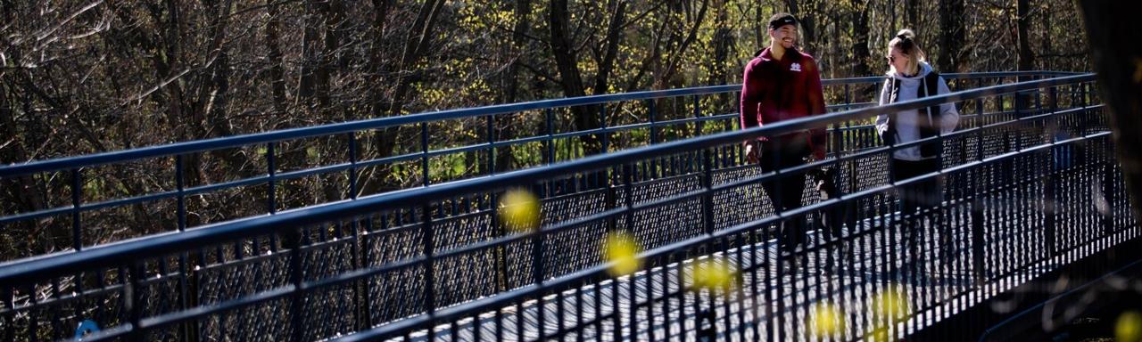 Two individuals walking along the Little Mac Bridge in the springtime